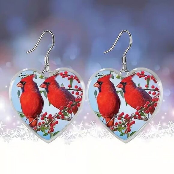 Silver Heart Shaped CARDINAL Dangle Earrings - Picture 1 of 3